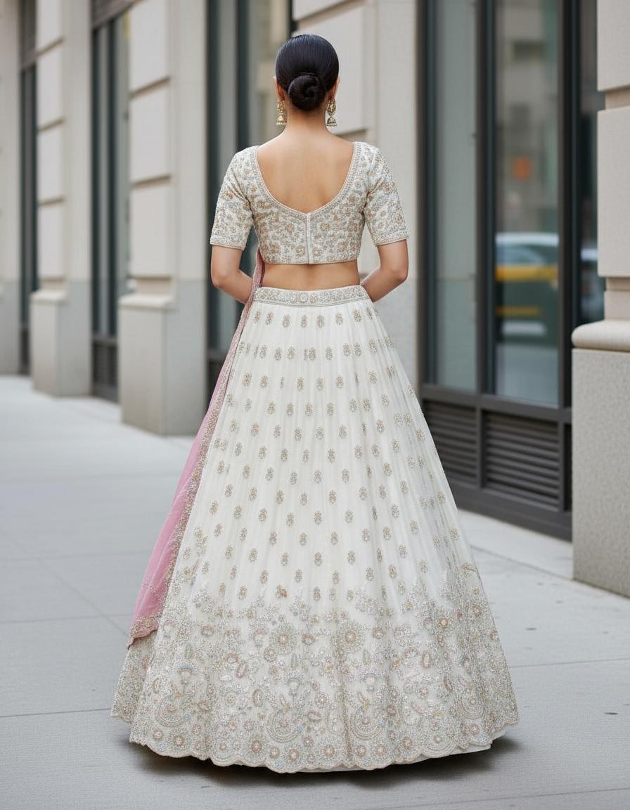 Off White Organza Party Wear Lehenga Set with Contrast Dupatta