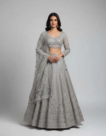 Silver Grey Net Lehenga with Heavy Embroidery