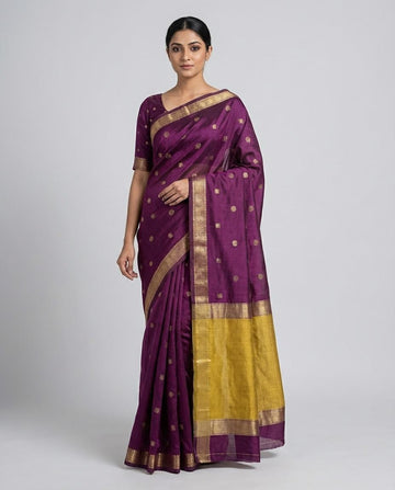 Purple Organza Saree with Elegant Zari Border & Contrast Blouse
