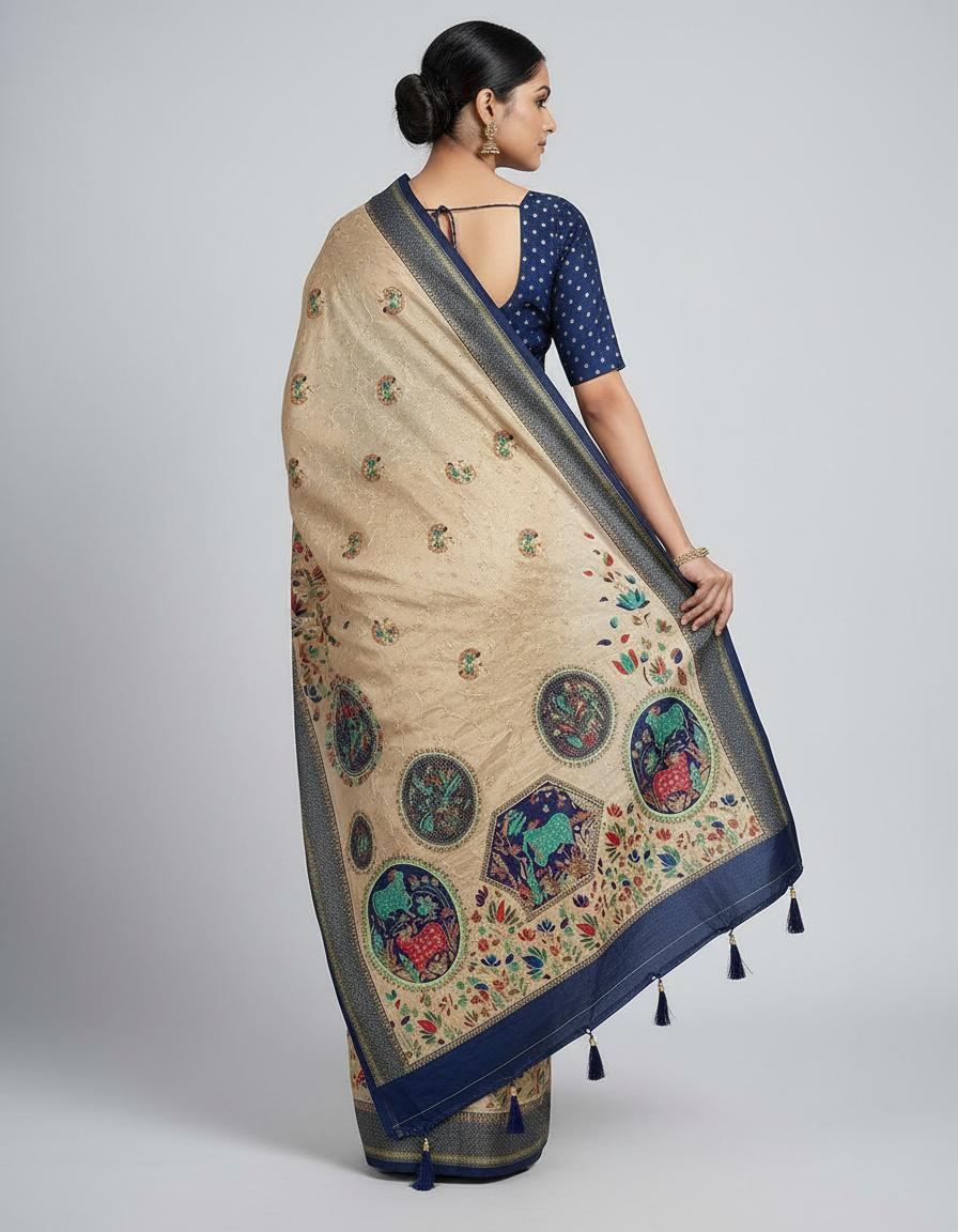 Beige Cotton Silk Saree with Artistic Multicolor Print & Blue Border