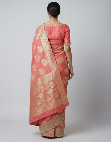 Reddish Pink Silk Saree with Cutwork Border & Rich Zari Design