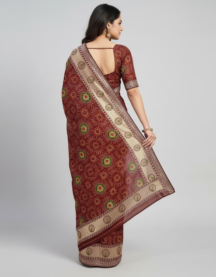 Maroon Gajji Silk Saree with Rich Zari Border & Traditional Print