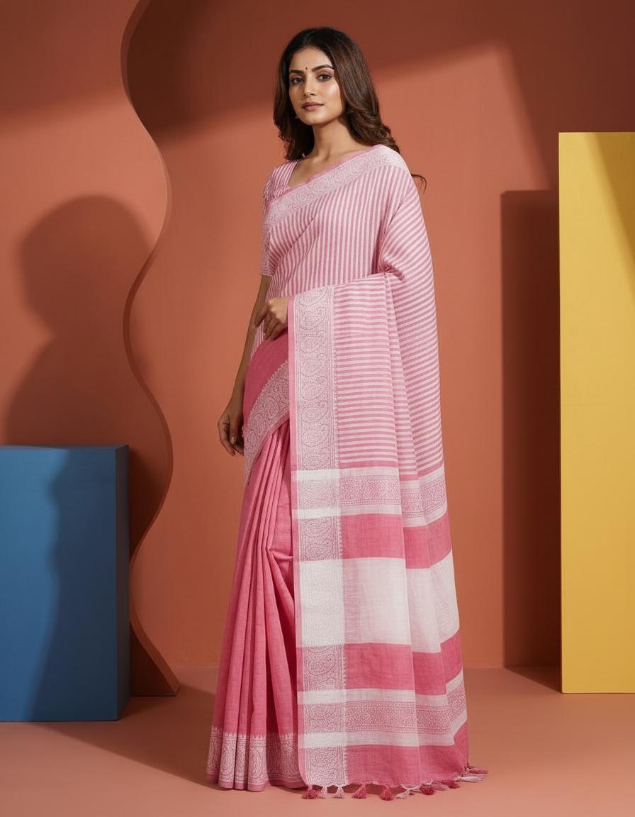 Pink Cotton Saree with Striped Pattern & Elegant Border