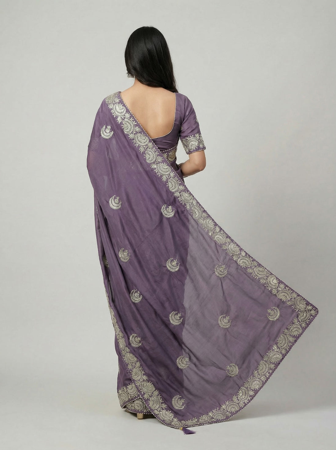 Lavender Crepe Embroidered Saree with Unstitched Blouse