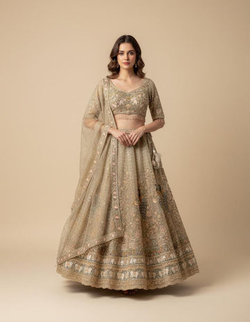 Champagne Gold Tissue Lehenga Set with Peacock Detailing