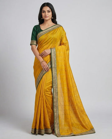 Mustard Vichitra Silk Saree with Elegant Border & Green Contrast
