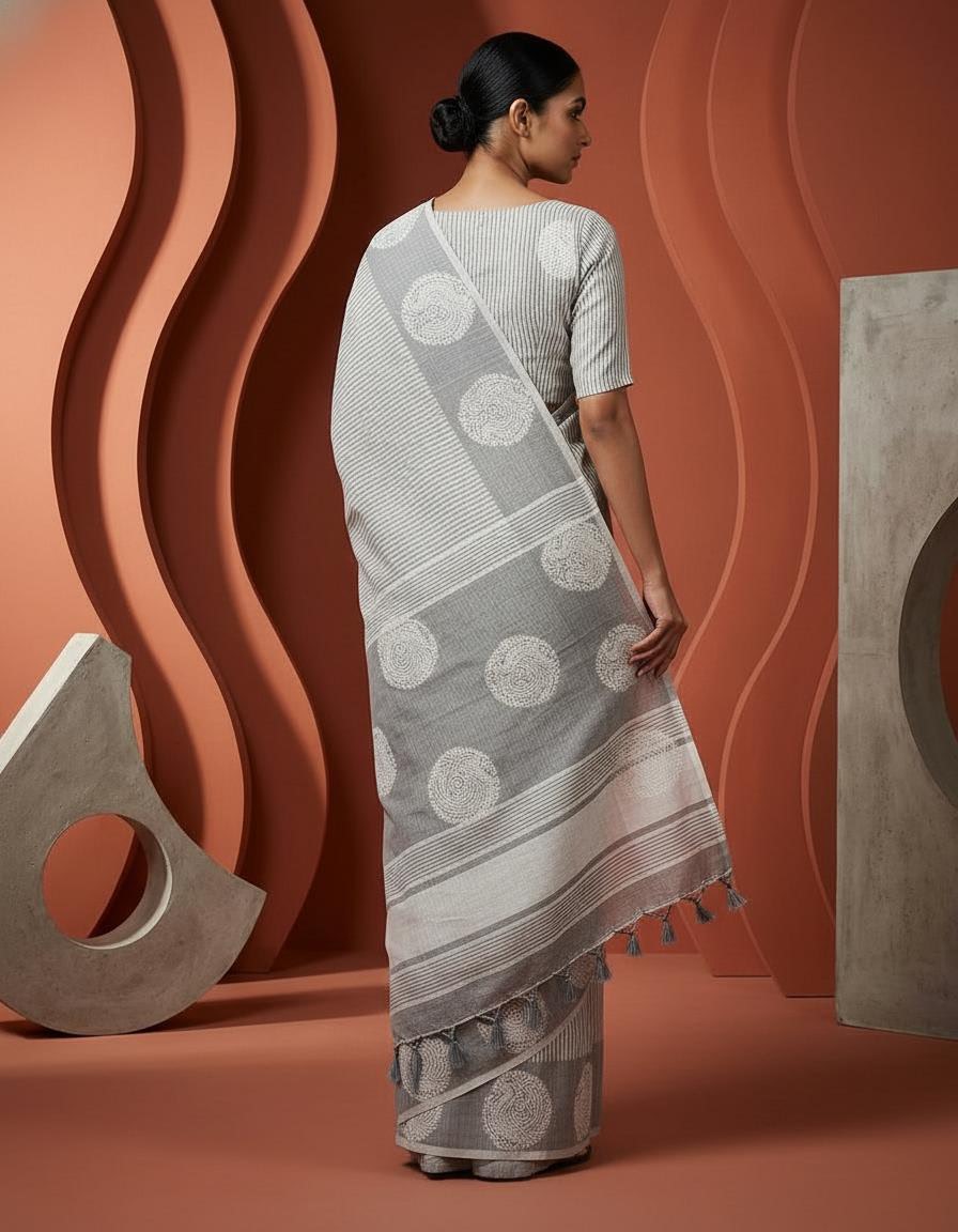 Grey Cotton Saree with Subtle Print & Elegant Border