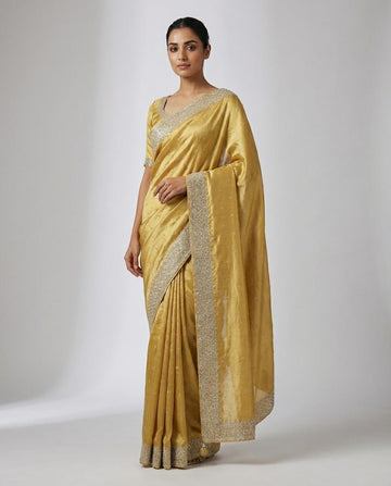 Golden Organza Saree with Elegant Border & Unstitched Blouse