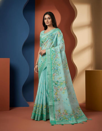 Sea Green Cotton Saree with Floral Print & Elegant Border