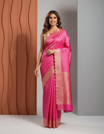 Pink Silk Saree with Designer Border & Unstitched Blouse