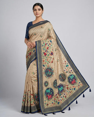Beige Cotton Silk Saree with Artistic Multicolor Print & Blue Border