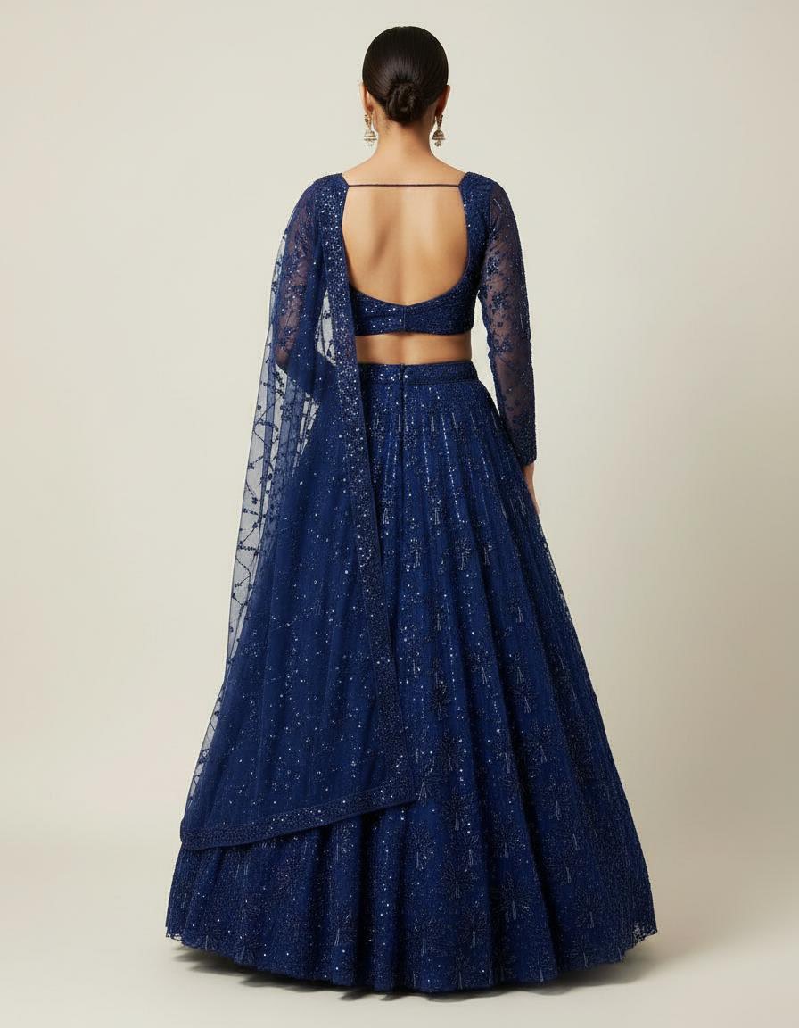 Net Embroidered Lehenga Set – Midnight Blue & Emerald Green