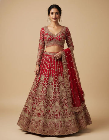 Bridal Red Net Lehenga Set with Heavy Embroidery