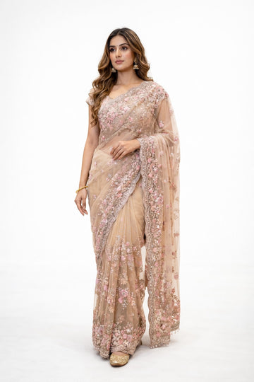 Champagne Gold Hand Embroidered Net Saree with Stitched Blouse