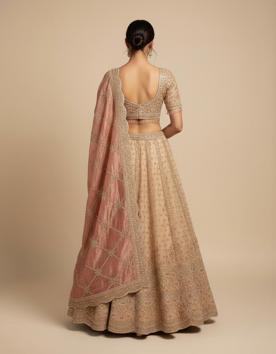 Warm Peach Beige Tissue Lehenga Set with Intricate Embroidery