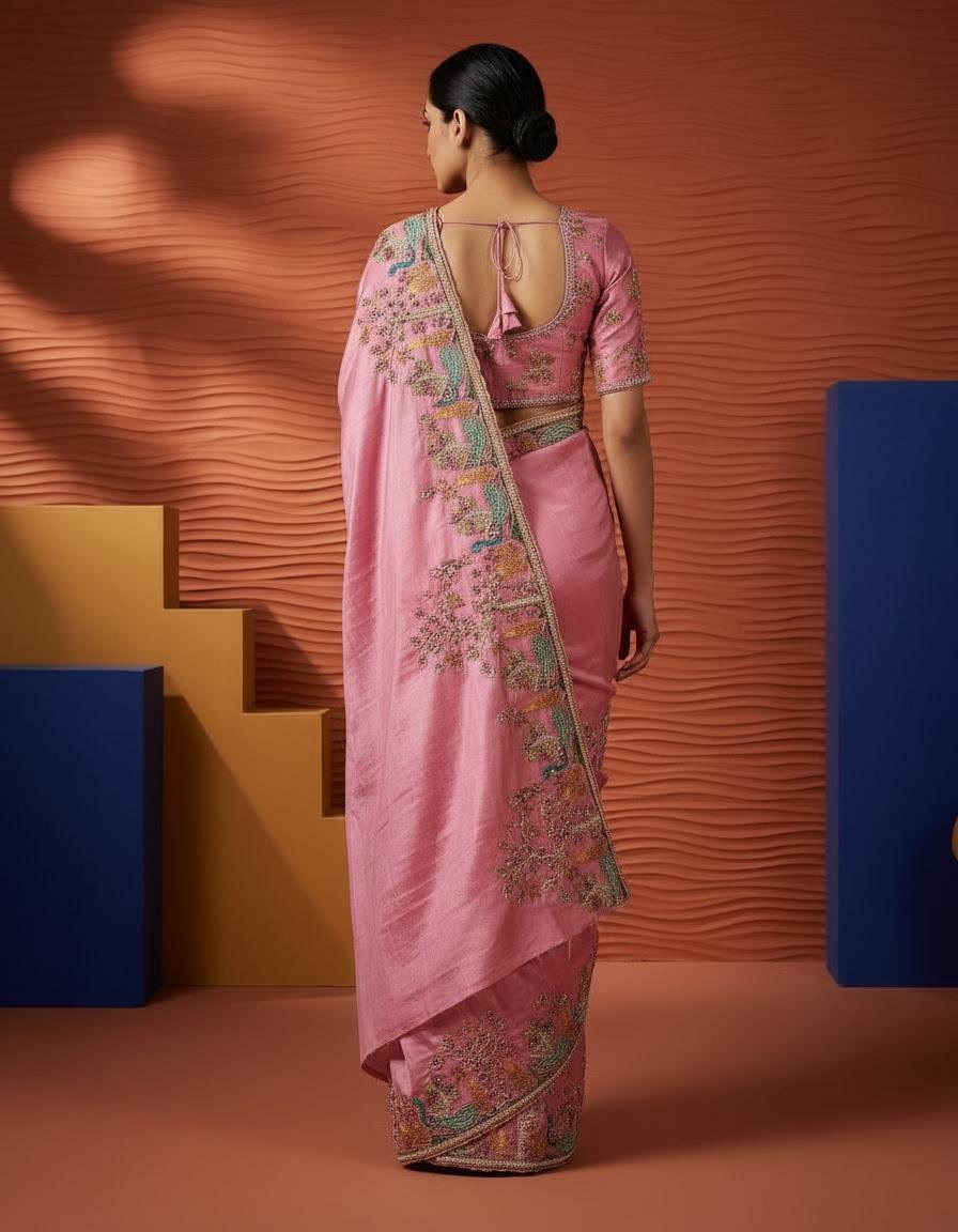 Onion Pink Crepe Saree with Intricate Embroidery & Unstitched Blouse