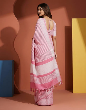 Pink Cotton Saree with Striped Pattern & Elegant Border