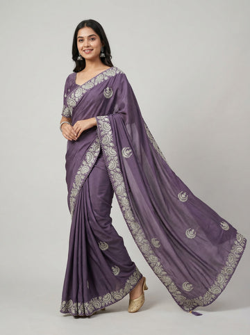 Lavender Crepe Embroidered Saree with Unstitched Blouse