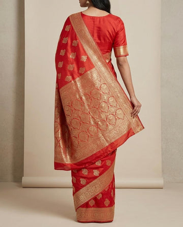 Elegant Red Silk Saree with Rich Zari Border & Designer Blouse
