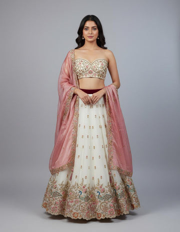 Blush Rose Double Shade Embroidered Bridal Lehenga Set with Peacock Design & Contrast Dupatta