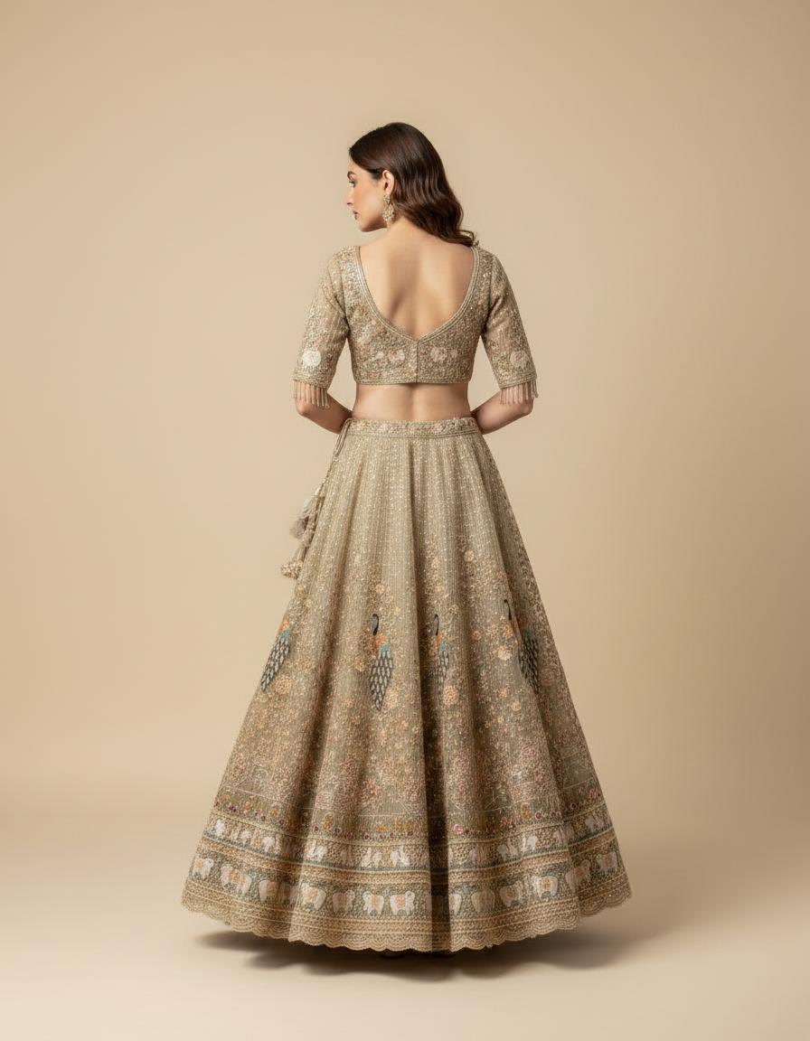 Champagne Gold Tissue Lehenga Set with Peacock Detailing