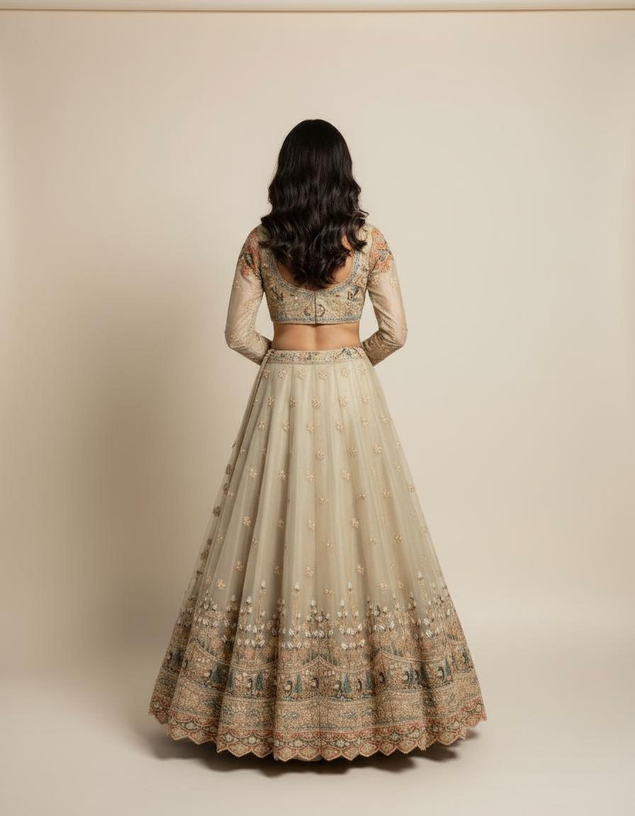 Champagne Beige Tissue Lehenga Set with Intricate Embroidery