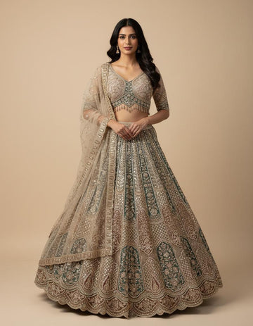 Champagne Gold Lehenga Set with Olive Green Intricate Detailing