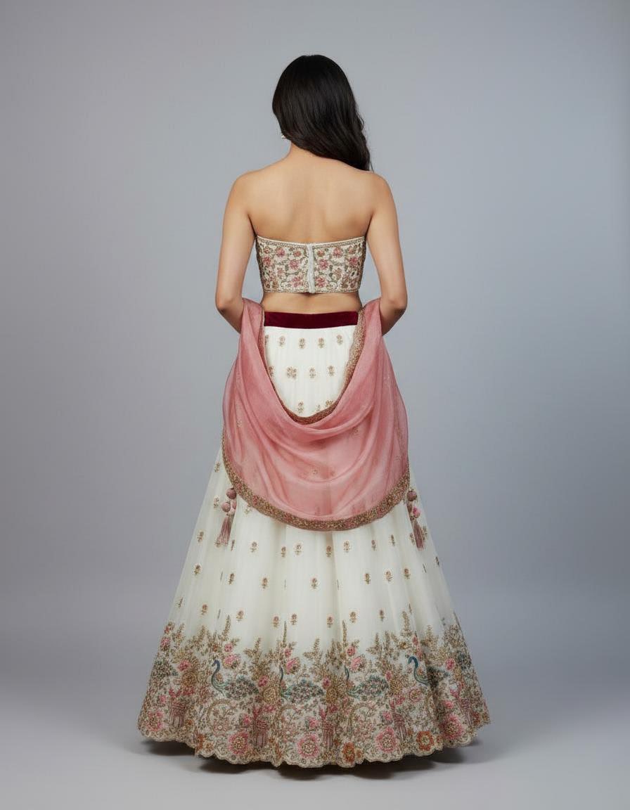 Blush Rose Double Shade Embroidered Bridal Lehenga Set with Peacock Design & Contrast Dupatta