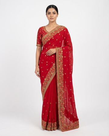 Elegant Red Georgette Saree with Resham Border Work