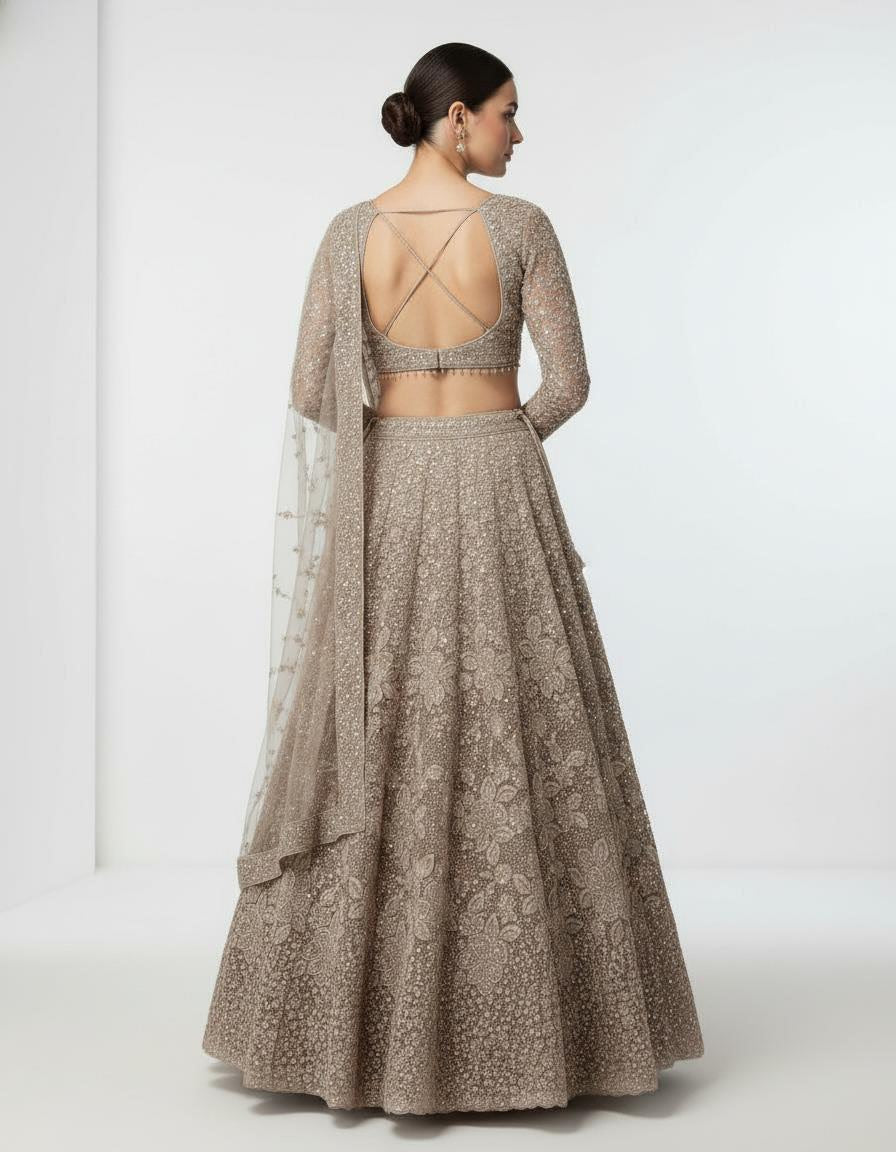 Beige Embroidered Lehenga Set