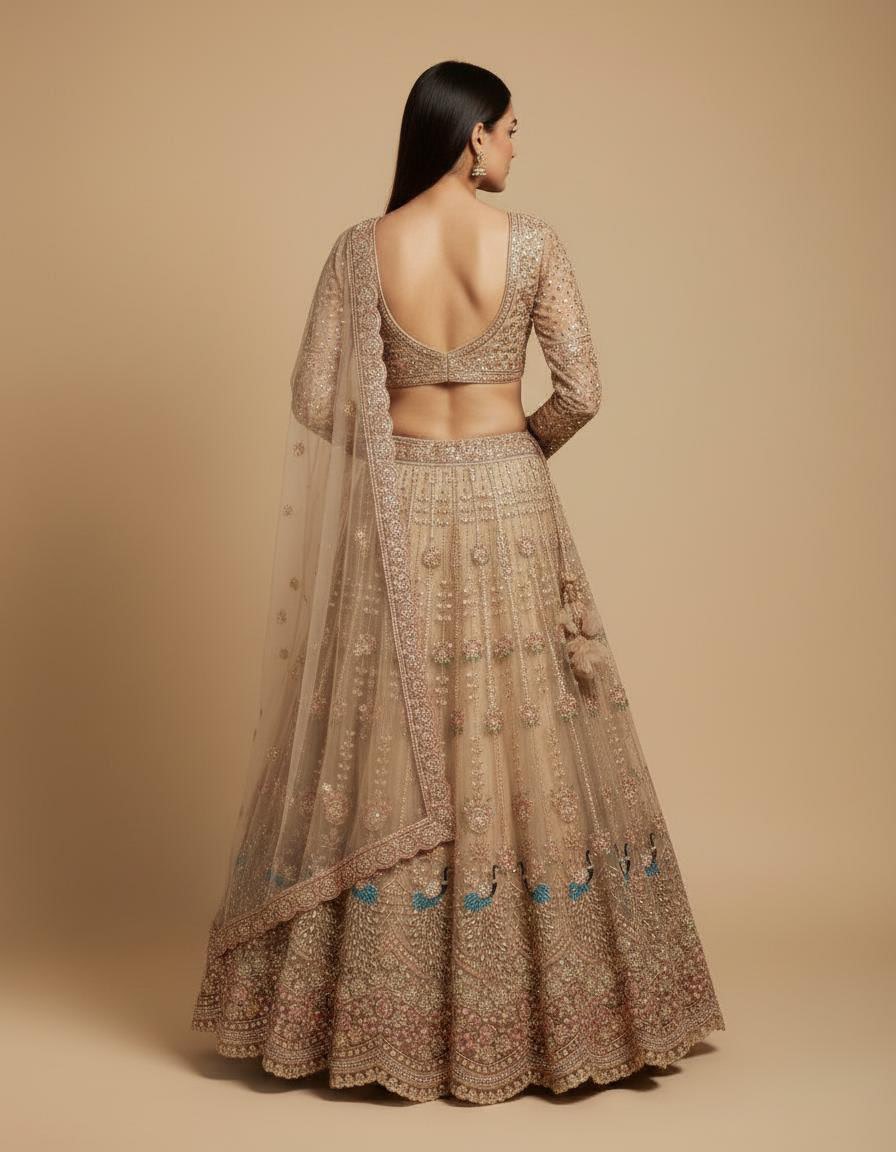 Champagne Gold Lehenga Set with Peacock Motif Detailing