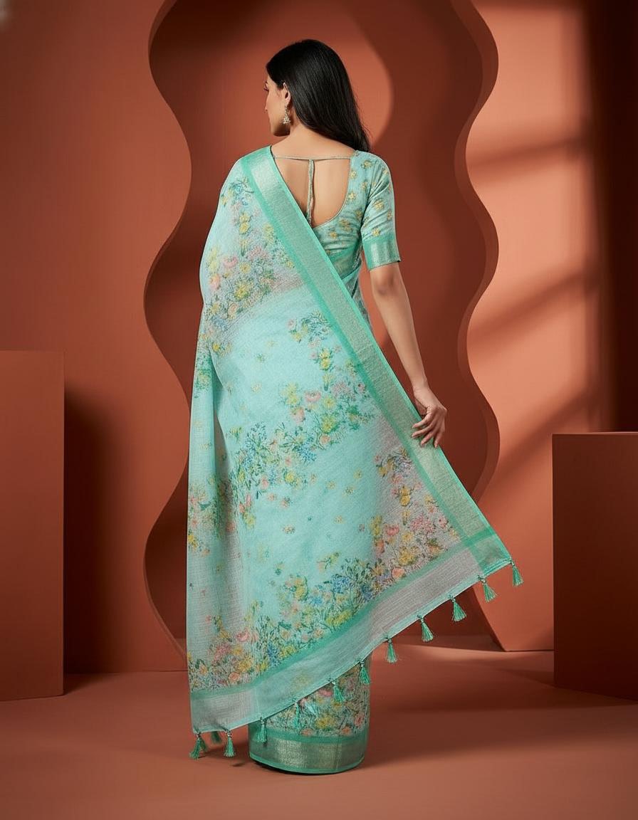 Sea Green Cotton Saree with Floral Print & Elegant Border