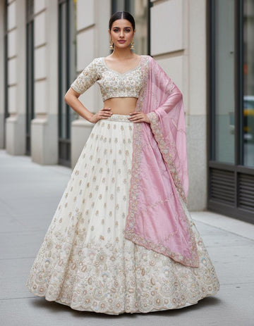 Off White Organza Party Wear Lehenga Set with Contrast Dupatta