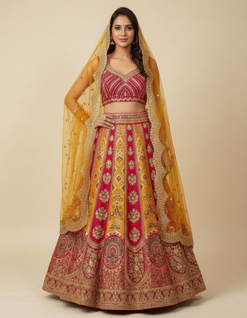 Banarasi Multicolor Silk Lehenga Set with Orange Cutwork Dupatta