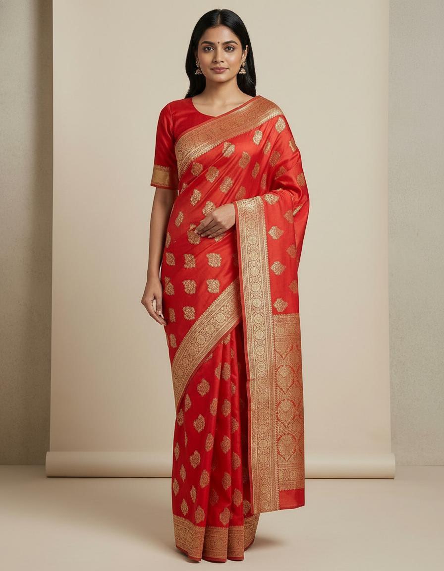 Elegant Red Silk Saree with Rich Zari Border & Designer Blouse