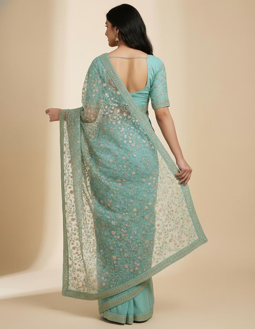 Sky Blue Organza Hand Embroidered Saree