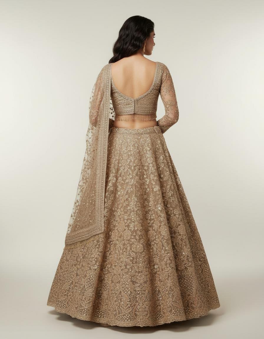 Golden Beige Net Lehenga with Heavy Detailing