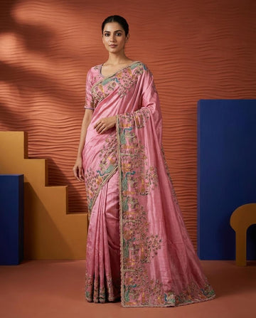 Onion Pink Crepe Saree with Intricate Embroidery & Unstitched Blouse