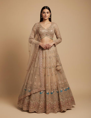 Champagne Gold Lehenga Set with Peacock Motif Detailing