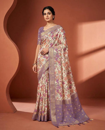 Cream & Purple Cotton Saree with Floral Print & Rich Border