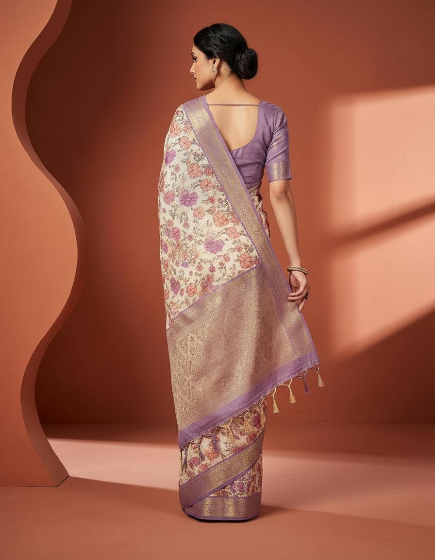 Cream & Purple Cotton Saree with Floral Print & Rich Border