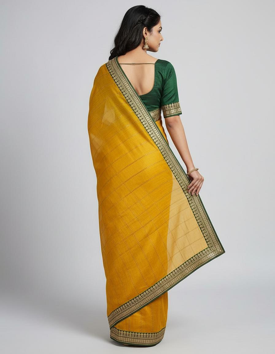 Mustard Vichitra Silk Saree with Elegant Border & Green Contrast