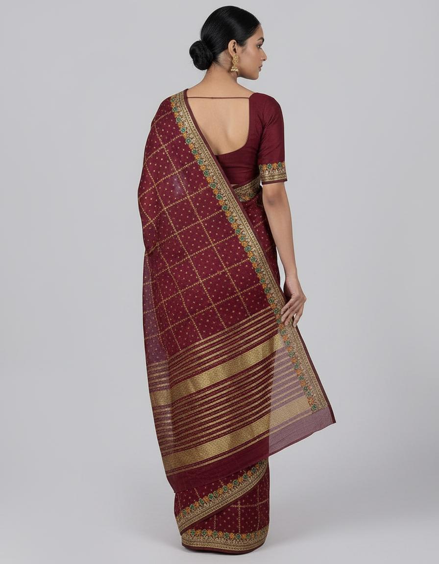 Wine Silk Saree with Elegant Zari Checks & Designer Border
