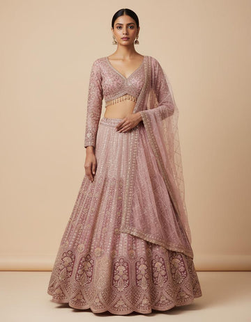 Blush Rose Double Shade Embroidered Bridal Lehenga Set with Elegant Detailing