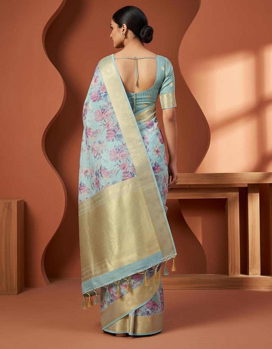 Sky Blue Cotton Saree with Floral Print & Rich Golden Border