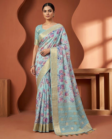 Sky Blue Cotton Saree with Floral Print & Rich Golden Border