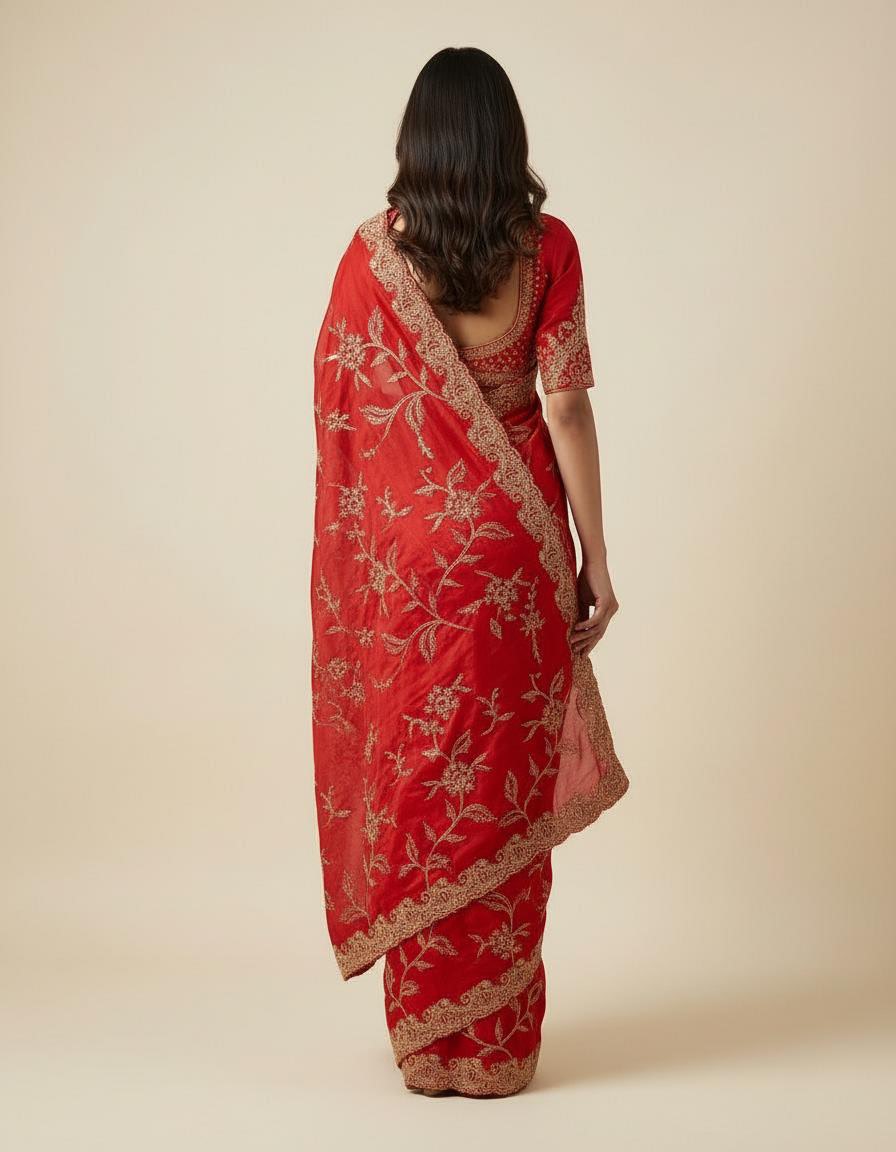 Cherry Red Satin Organza Saree with Embroidery Work