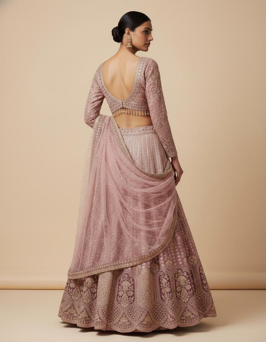 Blush Rose Double Shade Embroidered Bridal Lehenga Set with Elegant Detailing
