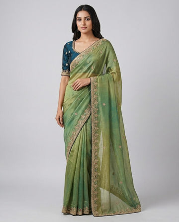 Pista Organza Saree with Unstitched Blouse