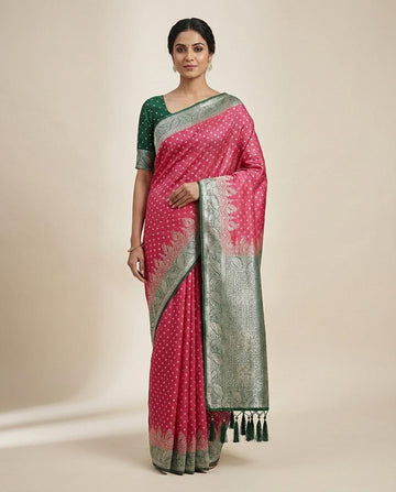 Rani Silk Saree with Contrast Green Unstitched Blouse